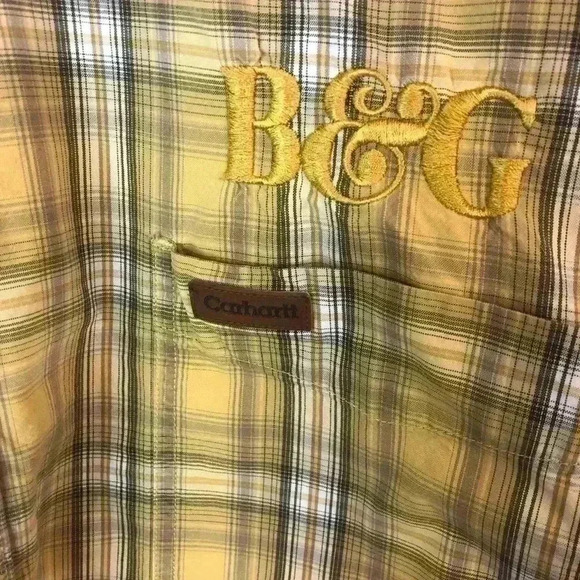 Carhartt Mens 2XL Yellow Check Print Button Down Shirt S/S Cotton Logo - Picture 2 of 4